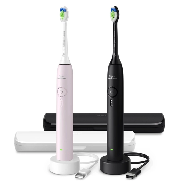 Inhoud verpakking Philips Sonicare 3100 Duopack HX4072:42 Elektrische Tandenborstel Zwart en Roze
